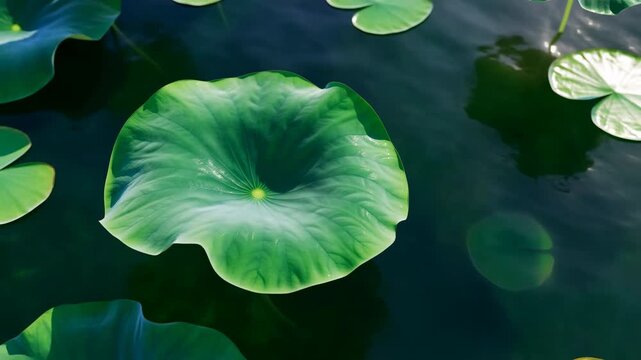 Oversized concave lotus leaf floating on sunlit dark pond, glossy vein detail, centered composition with surrounding lily pads, calm botanical surface and vivid green contrast
