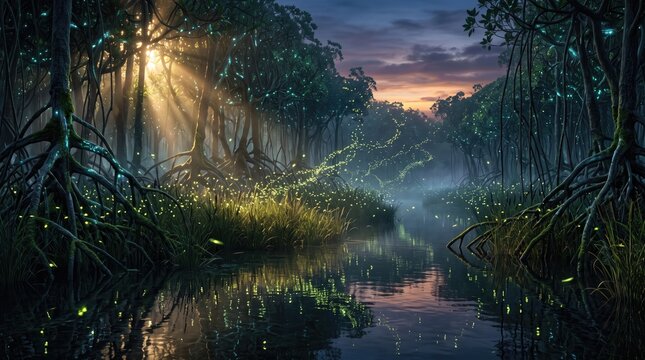 Fantasy forest with light rays over river - fantasy digital art landscape