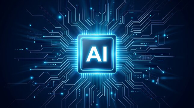 Ai chip circuit board with futuristic digital network background