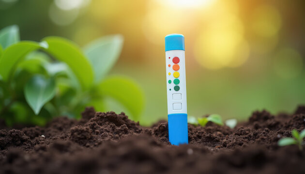 Soil test kit in garden with blue handle on brown earth among green plants and sunlight. Soil test kit displays colors, indicating pH and nutrient levels for gardening.