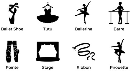 Ballet Icons Set: Pointe Shoes, Tutu, Ballerina, Barre, Stage, Ribbon, Pirouette Vector Graphics © MalihaIslam