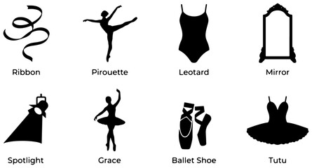Ballet Icons Set: Leotard, Tutu, Pirouette, Ribbon, Spotlight, Mirror, Grace, Ballet Shoe © MalihaIslam