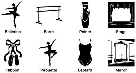 Ballet Icons Set: Ballerina, Barre, Pointe Shoes, Stage, Ribbon, Pirouette, Leotard, Mirror Graphics © MalihaIslam