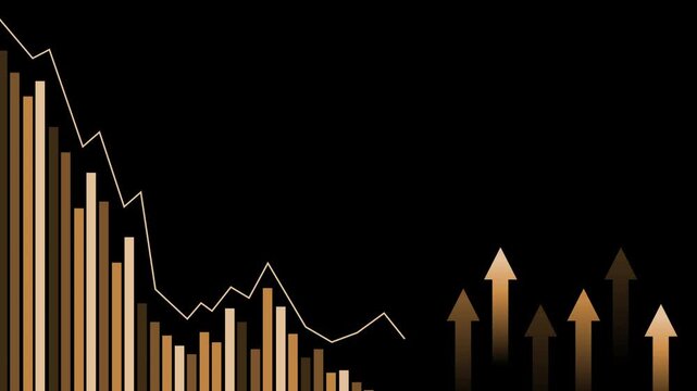 Falling bar chart with a downward line and rising arrows animation, Business chart with rising arrows decline
