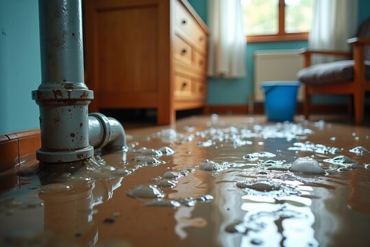 Flooded House: Water Spreading from Pipe Leak with Bucket to Capture Drips