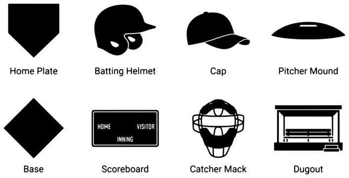 Baseball Icons: Home Plate, Helmet, Cap, Mound, Base, Scoreboard, Catcher Mask, Dugout, Vector Set