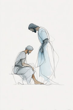 Watercolor illustration of Jesus washing a disciple's feet
