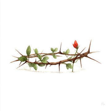 Minimalist watercolor crown of thorns with a red bud