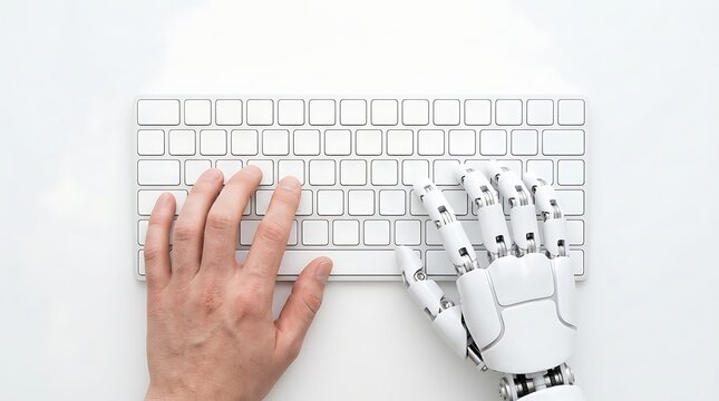 Hand typing on a keyboard with a blurred city background