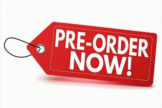 Red pre-order now tag with bold white text on brown paper