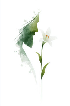 Watercolor silhouette of Jesus profile with a white lily