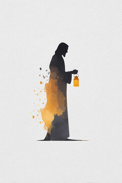 Silhouette watercolor of Jesus holding a glowing lantern