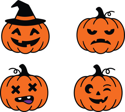 Set of four cute and spooky hand drawn halloween pumpkin jack o lantern faces with various expressions