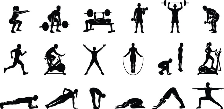 Gym Fitness and Workout Silhouettes Set with Weightlifting Cardio Training Yoga Poses and Bodyweight Exercise Icons for Health Club Poster Graphics
