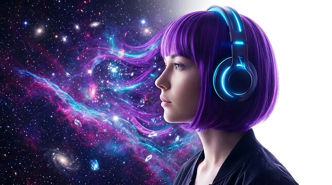 Person listening to music with cosmic background
