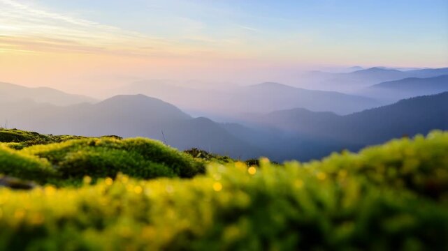 Dewy moss in foreground beside layered blue mountain silhouettes at pastel sunrise with soft focus transitions and low macro viewpoint, with moss, dew, macro, foreground detail