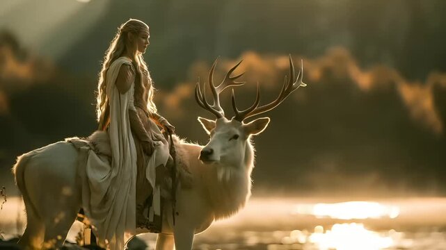 A vivid portrayal of a woman with long, flowing blonde hair, dressed in a flowing white dress, sits atop a white deer with large antlers. The womans pose is contemplative, her gaze directed away.