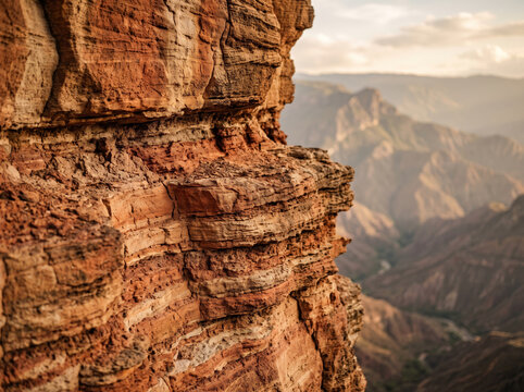Layered red rock cliff face formation in steep mountain canyon