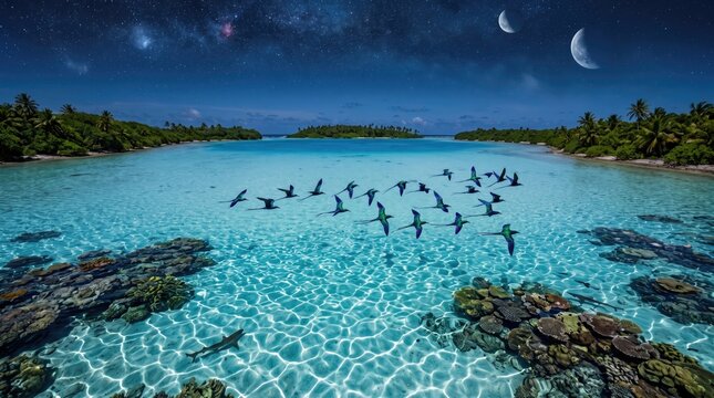 Fantasy tropical lagoon aerial with birds - fantasy digital art landscape