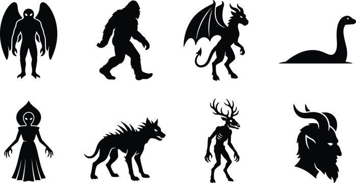 Cryptids and mythical creatures silhouette icon set featuring bigfoot dragon mothman and lake monster