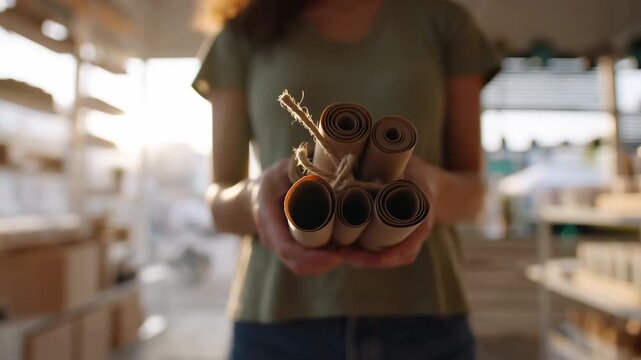 Young woman presenting bundle of rolled kraft paper tubes tied with twine in sunlit retail studio, hands forward product display with warm backlight and symmetrical shelves