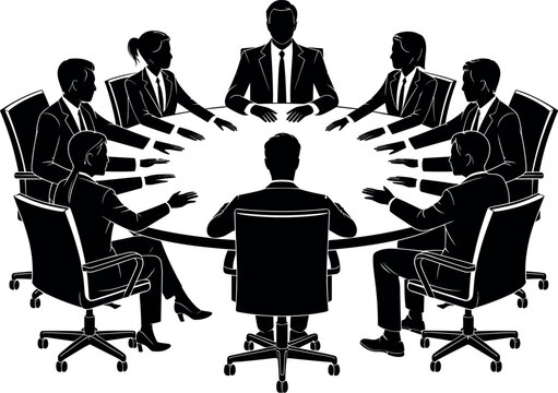 Business people silhouette group sitting around round table for boardroom meeting vector illustration isolated on white background