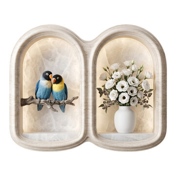 Two cute lovebirds and a beautiful flower vase displayed inside a decorative double arch shelf isolated on transparent background