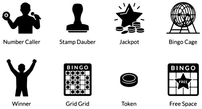 Bingo Icons Set, Gambling Game Symbols, Lottery Entertainment