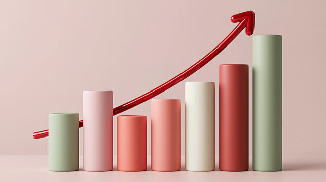 3D bar chart with red upward trend arrow on pastel background, business expansion, economic recovery.