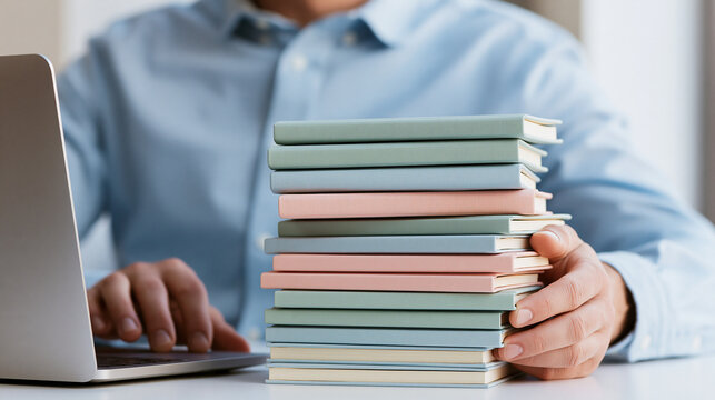 Man sitting at desk using laptop computer with tall stack of books.