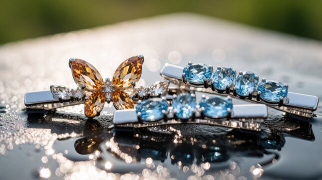 Gold butterfly hair clip rests near blue gemstone barrettes on wet surface. Sunbeams create bright bokeh reflections around luxurious metal accessories. Decorative jewelry pieces sparkle outdoors.