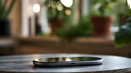 Obraz premium A sleek smartphone rests on a wooden table with soft bokeh from indoor plants and warm lighting in the background