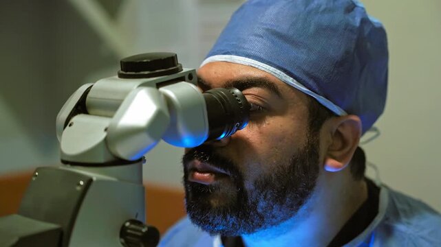 Laser vision correction. A patient and team of surgeons in the operating room during ophthalmic surgery. Eyelid speculum. Lasik treatment. Patient under sterile.Repositioning of the lasik corneal flap