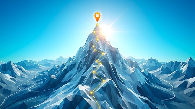 Climber reaching mountain peak with location pin