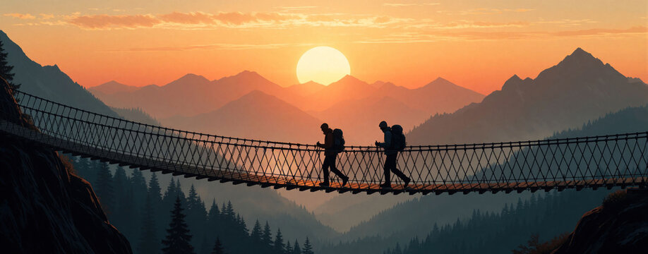 Two hikers cross suspension rope bridge in mountain landscape at sunrise. Silhouette of travelers with backpacks walk over deep canyon on wooden path during morning light. Active people trek outdoors