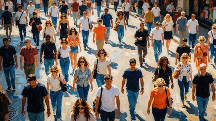 Obraz premium High angle view of diverse crowd walking on city street. People commute in urban area during busy rush hour. Multi ethnic group of pedestrians move forward on road. Impressionist painting style shows
