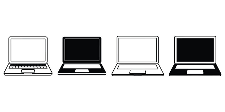 Four laptop outline and solid silhouettes