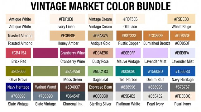 Vintage market color palette swatch chart with hex codes colorful collection