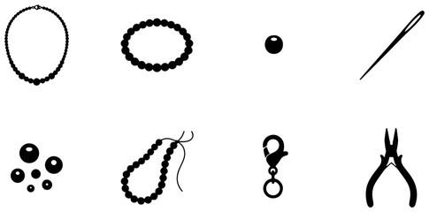 Fototapeta premium Jewelry Making Supplies: Beads, Necklace, Bracelet, Tools, Needle, Clasp Vector Icons