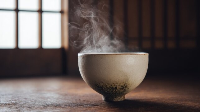 Warm steam rises from a white ceramic bowl sitting on a wooden surface in a peaceful room