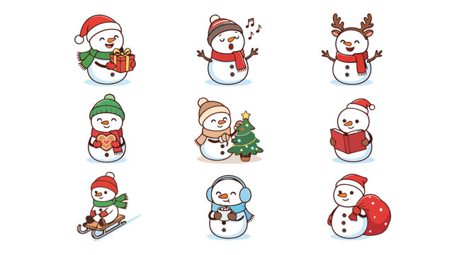 Set of cute snowman characters for christmas and winter holidays, collection of cartoon snowmen with gifts, sled, hot cocoa, and festive decorations
