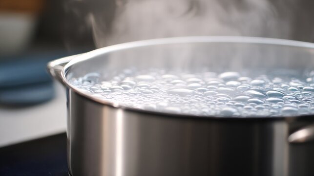 Water boils rapidly in a stainless steel pot with rising steam and bubbles during meal preparation