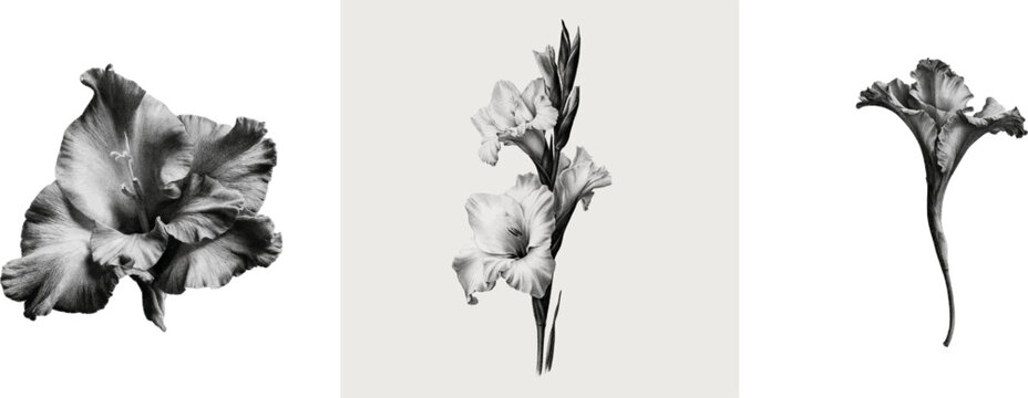 A vintage herbarium sketch of a single ruffled gladiolus floret in crisp black-and-white botanical drawing with no shading or texture, set against a white background