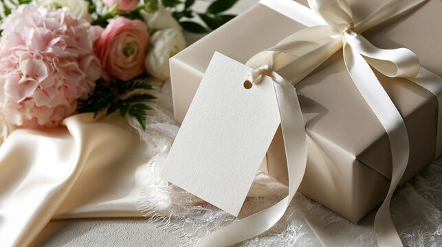 Blank cream paper card tied with white satin ribbon on a beautiful gift box with pastel flowers