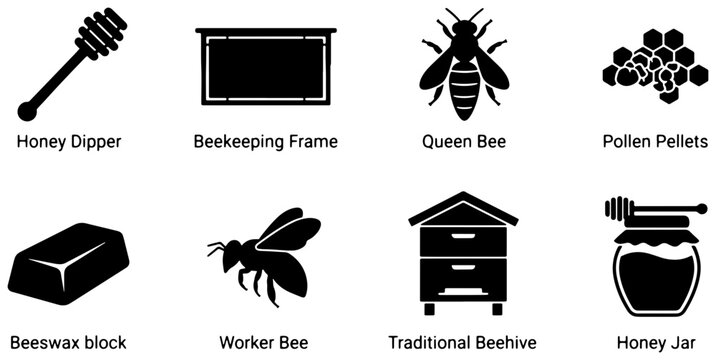 Beekeeping Icons Set: Honey Dipper, Hive, Bees, Pollen, Wax, Queen Bee, Frame