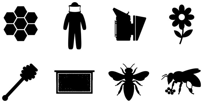 Beekeeping Icons Set: Honeycomb, Beekeeper Suit, Smoker, Flower, Honey Dipper, Frame, Bees