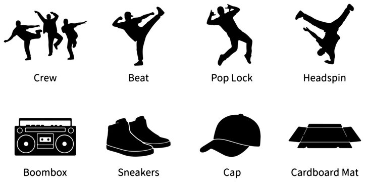 Breakdance Icons: Crew, Beat, Pop Lock, Headspin, Boombox, Sneakers, Cap, Cardboard Mat