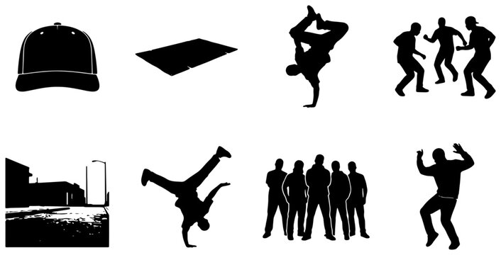 Breakdance Silhouette Icons, Urban Dance Group, Hip Hop Moves, Street Style Vector Set