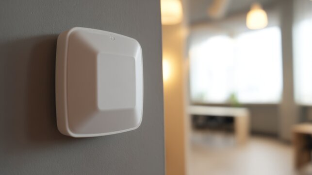 White electronic security sensor attached to a wall in a bright residential room during daytime