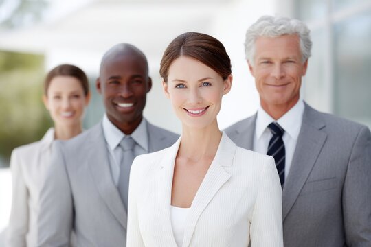 Diverse professional team posing together for a corporate portrait in a bright office environment